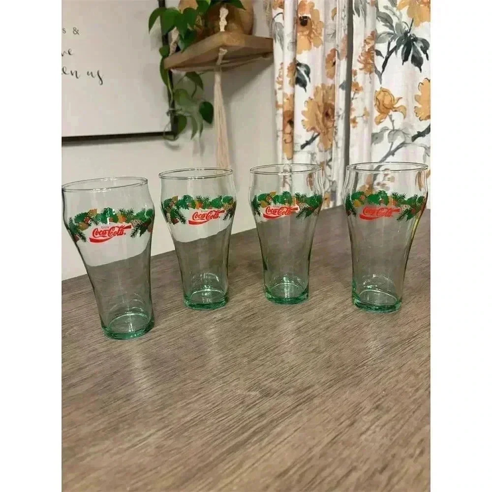 Vintage Coca-Cola Holiday Glass Set of 4 Pine Cones & Holly Design